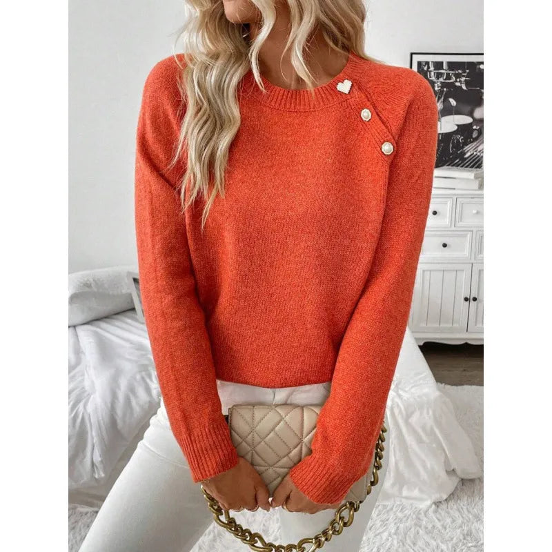 Casual Ladies Knitwear Diagonal Button Cotton Blends Spring Summer Long Sleeve Solid Color Daily Wear