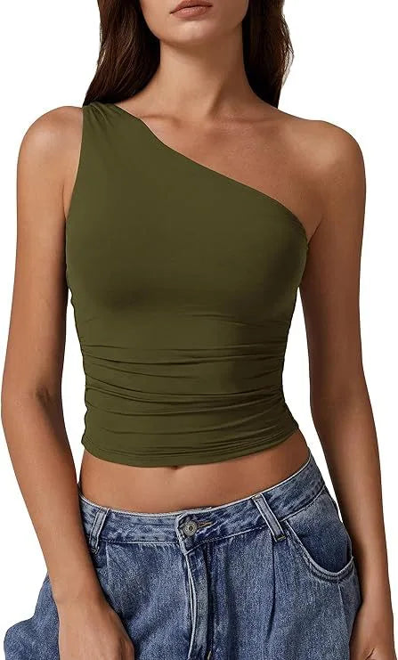 Summer  Women's   New Sleeveless One-Shoulder Solid Color Slim-Fit Sexy Navel Vest T-shirt