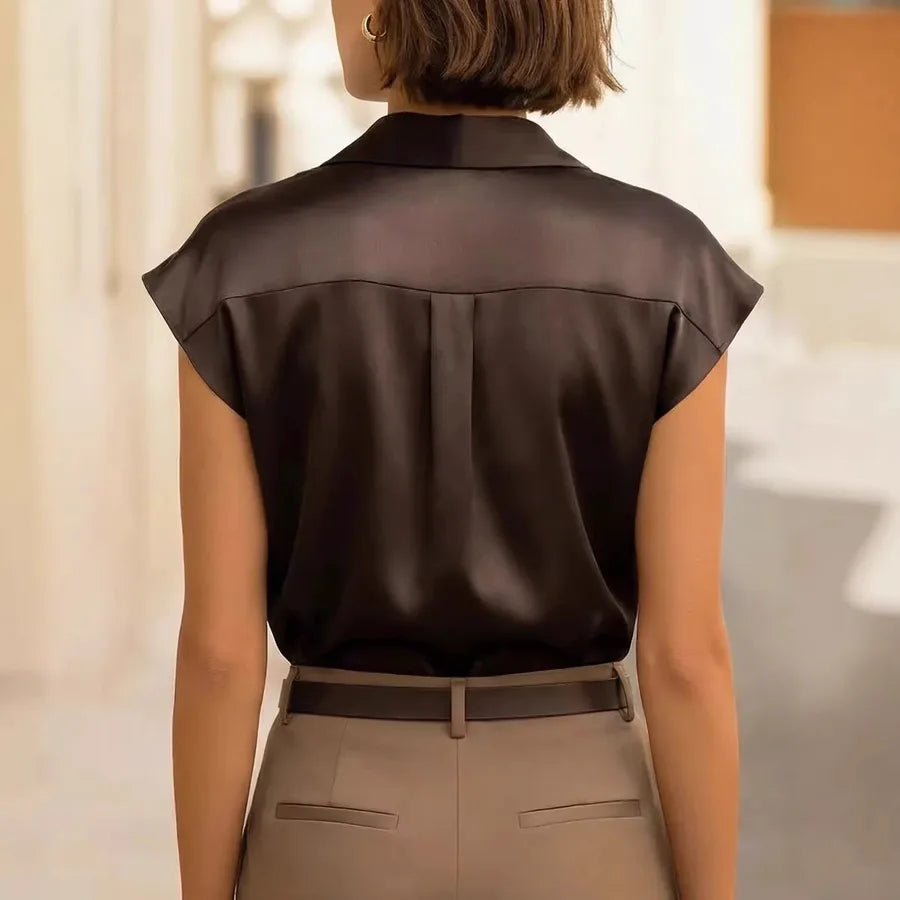 Elegant Solid Color Satin Short Sleeve Women's Shirt with Single Breasted Closure and Shirt Collar