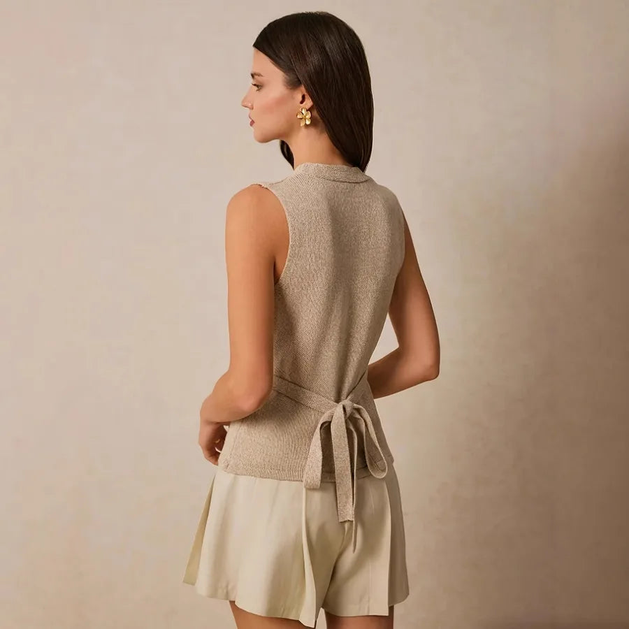 Spring and Summer Shell Button Women's Elegant Pure Color V Neck Knitwear Vest