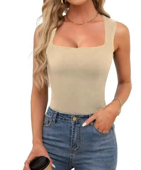 New  Summer New Women's Square Collar Sleeveless Double Layer Vest Basic Tight T-Shirt Black