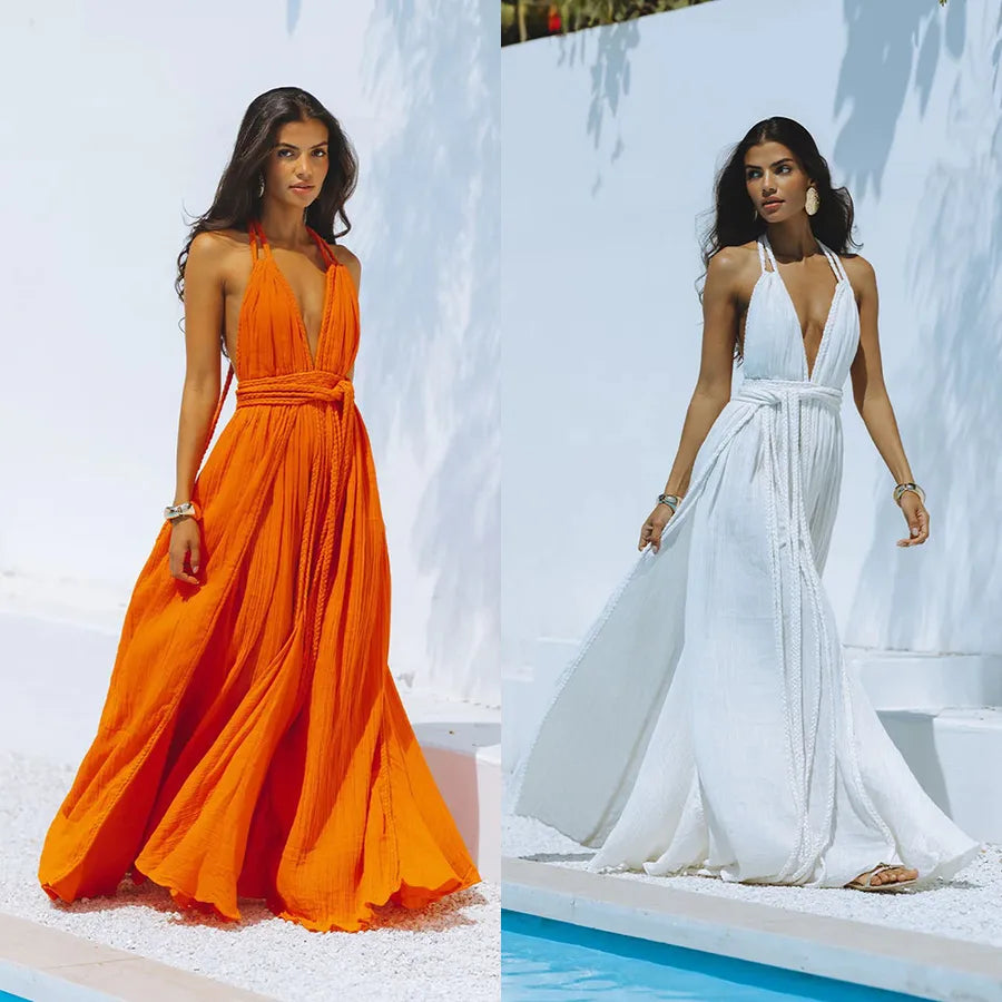 Women's Swing Dress Vacation V Neck Sleeveless Solid Color Maxi Long Dress Holiday Daily Beach