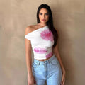 Sexy Hot Girl Hibiscus Print Asymmetric Neck Short Top Waist-Cinching Design Tank Top