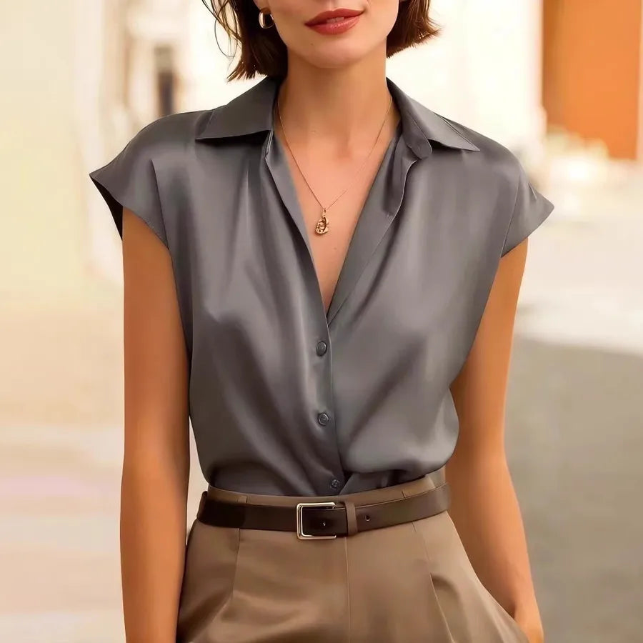 Elegant Solid Color Satin Short Sleeve Women's Shirt with Single Breasted Closure and Shirt Collar