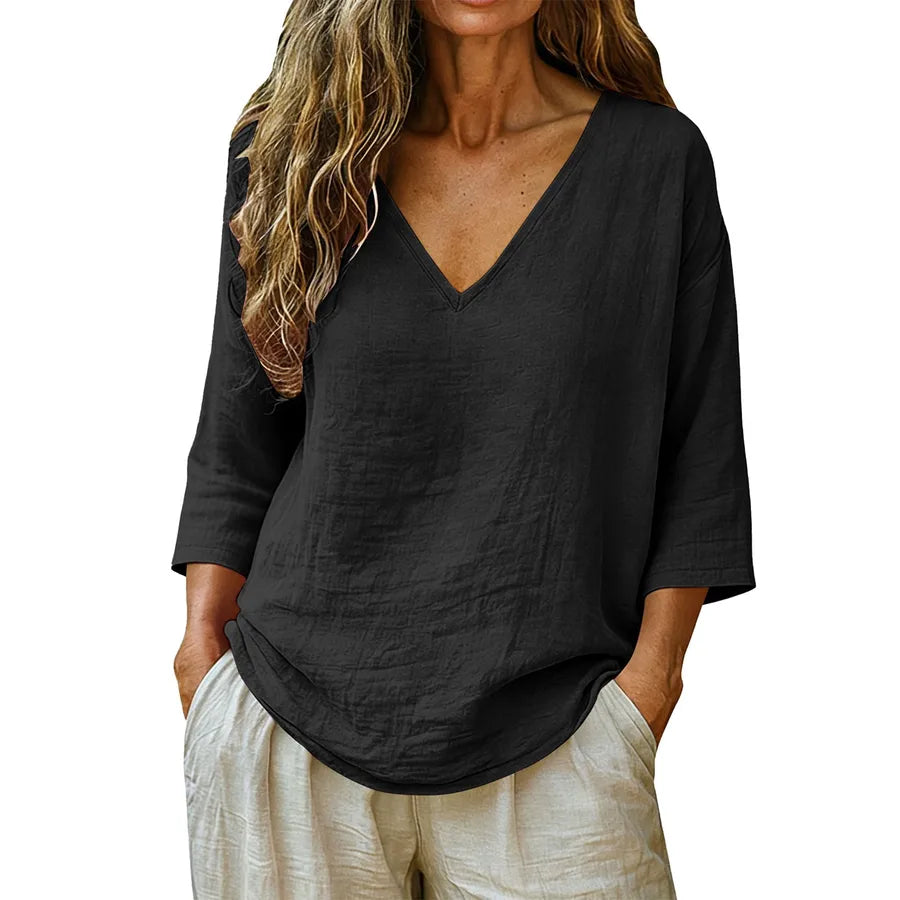 British Style Cotton T-shirt for Women with Half Sleeve and V Neck, Regular Sleeve Design