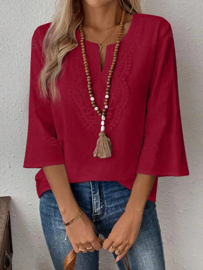 Loose Pure Color V-neck Lace Trim Shirt Women's Casual Style Seven-quarter Sleeve Polyester Fabric  Fashion
