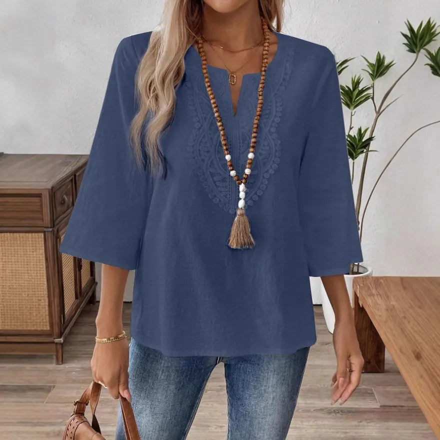 Loose Pure Color V-neck Lace Trim Shirt Women's Casual Style Seven-quarter Sleeve Polyester Fabric  Fashion