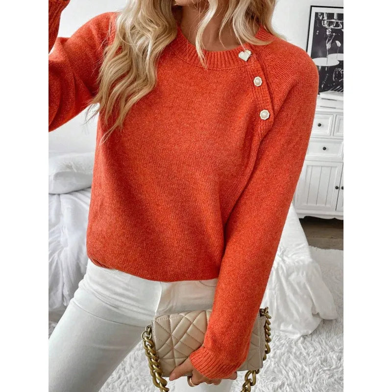 Casual Ladies Knitwear Diagonal Button Cotton Blends Spring Summer Long Sleeve Solid Color Daily Wear