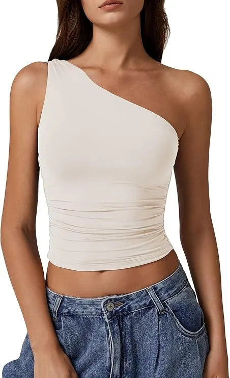Summer  Women's   New Sleeveless One-Shoulder Solid Color Slim-Fit Sexy Navel Vest T-shirt