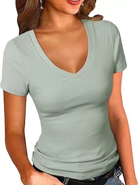 Summer  Women's Slim Fit V-Neck Short Sleeve Pure Color T-Shirt Casual Style New Fashion Top Quality Cotton Polyester