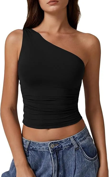 Summer  Women's   New Sleeveless One-Shoulder Solid Color Slim-Fit Sexy Navel Vest T-shirt