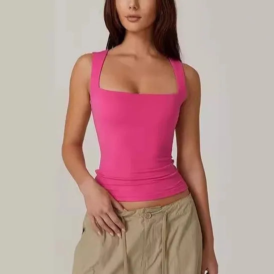 New  Summer New Women's Square Collar Sleeveless Double Layer Vest Basic Tight T-Shirt Black
