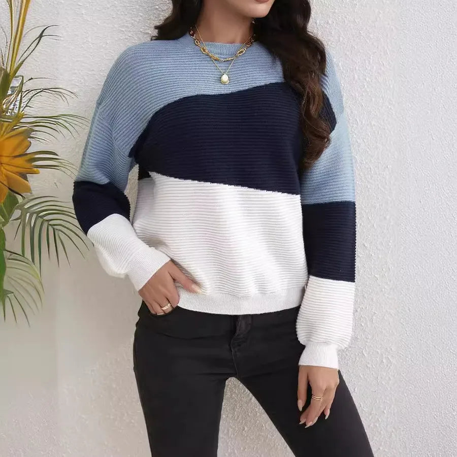 Knitted Sweater Ladies Autumn and Winter Warm Color Matching Design Office Business Casual Round Neck Long Sleeve