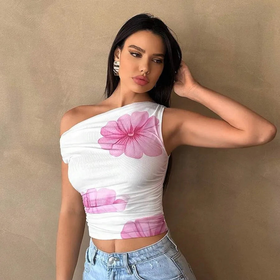 Sexy Hot Girl Hibiscus Print Asymmetric Neck Short Top Waist-Cinching Design Tank Top