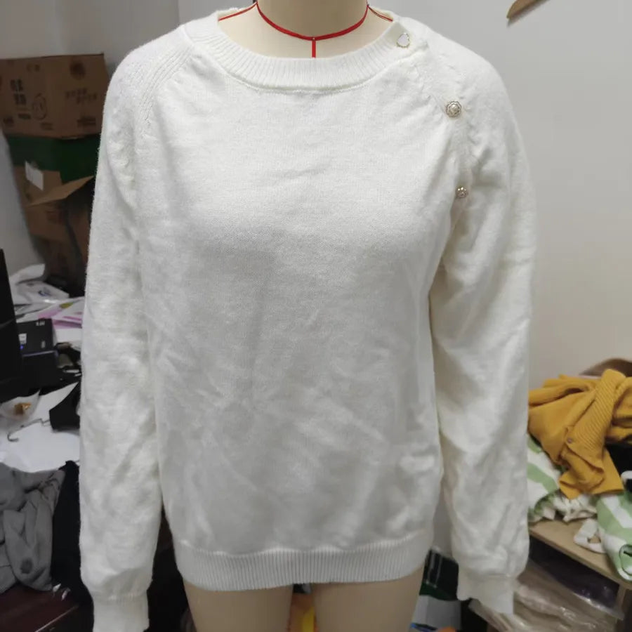 Casual Ladies Knitwear Diagonal Button Cotton Blends Spring Summer Long Sleeve Solid Color Daily Wear