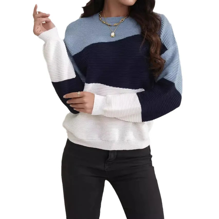 Knitted Sweater Ladies Autumn and Winter Warm Color Matching Design Office Business Casual Round Neck Long Sleeve