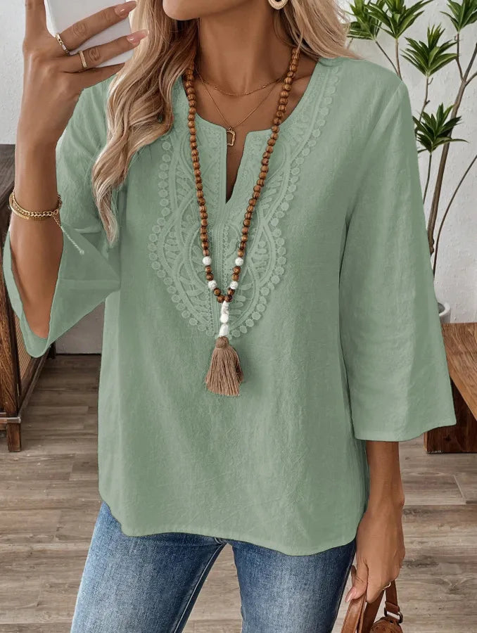 Loose Pure Color V-neck Lace Trim Shirt Women's Casual Style Seven-quarter Sleeve Polyester Fabric  Fashion