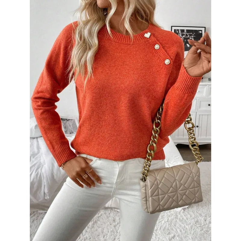 Casual Ladies Knitwear Diagonal Button Cotton Blends Spring Summer Long Sleeve Solid Color Daily Wear