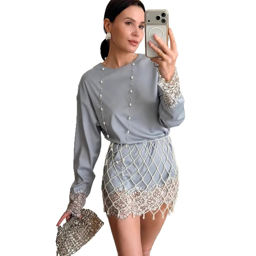 Elegant Solid Color Long Sleeve T-shirt with Lace Detail in Polyester Fabric