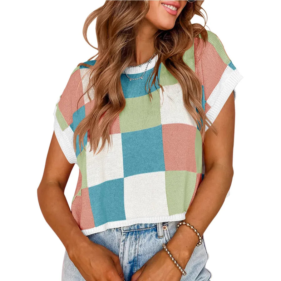 Foreign Trade   Summer Hat Sleeve Navel Short Sleeve Color Block Round Neck Knitted Checkerboard Sweater Short