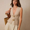 Spring and Summer Shell Button Women's Elegant Pure Color V Neck Knitwear Vest
