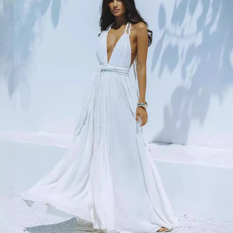 Women's Swing Dress Vacation V Neck Sleeveless Solid Color Maxi Long Dress Holiday Daily Beach