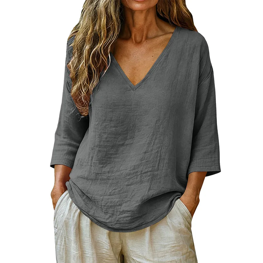 British Style Cotton T-shirt for Women with Half Sleeve and V Neck, Regular Sleeve Design