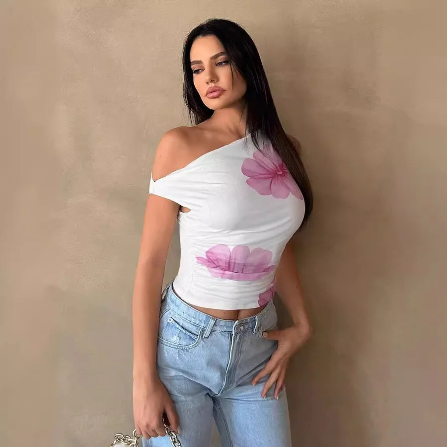 Sexy Hot Girl Hibiscus Print Asymmetric Neck Short Top Waist-Cinching Design Tank Top