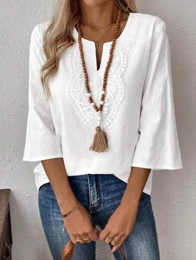 Loose Pure Color V-neck Lace Trim Shirt Women's Casual Style Seven-quarter Sleeve Polyester Fabric  Fashion
