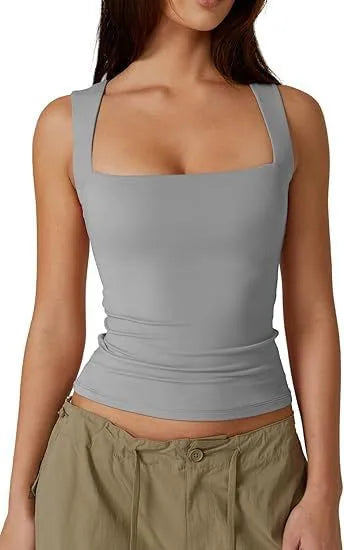 New  Summer New Women's Square Collar Sleeveless Double Layer Vest Basic Tight T-Shirt