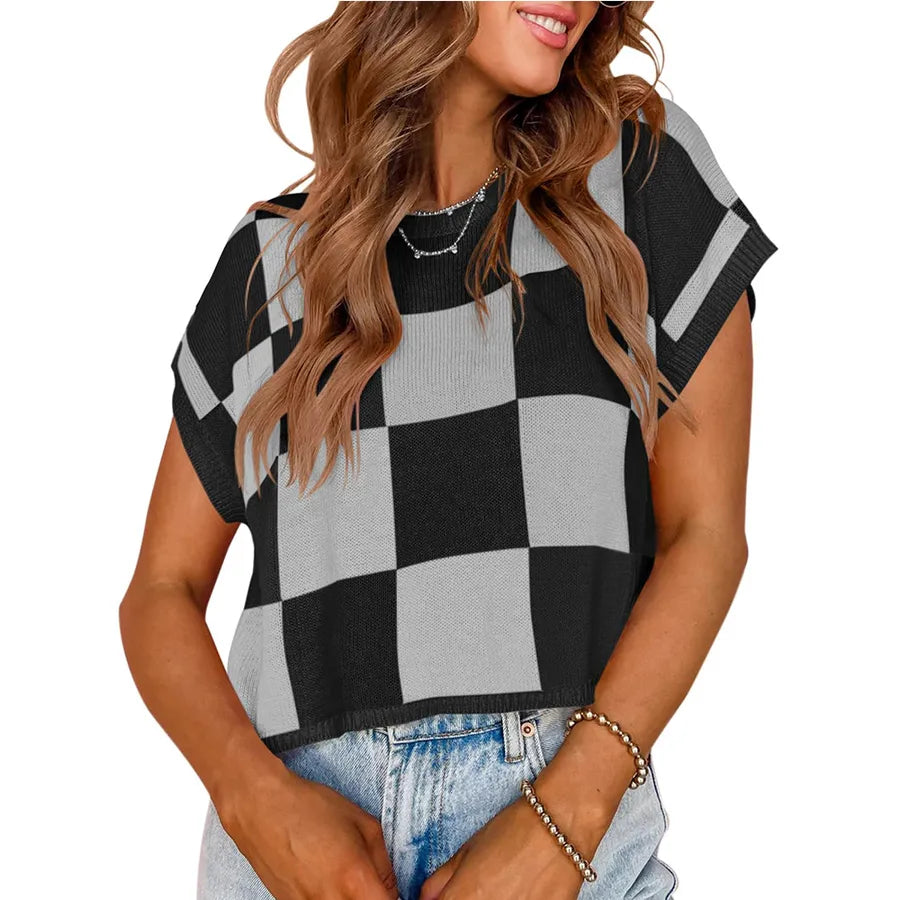 Foreign Trade   Summer Hat Sleeve Navel Short Sleeve Color Block Round Neck Knitted Checkerboard Sweater Short
