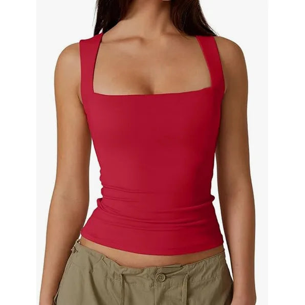 New  Summer New Women's Square Collar Sleeveless Double Layer Vest Basic Tight T-Shirt