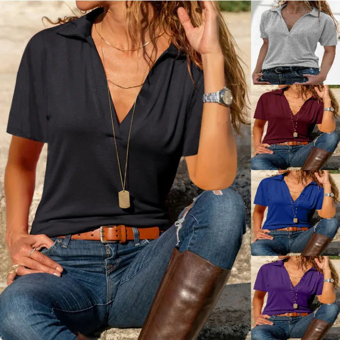 summer Europe and the United States   independent station  new women's casual V-neck solid color lapel short sleeve women