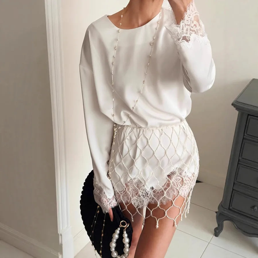 Elegant Solid Color Long Sleeve T-shirt with Lace Detail in Polyester Fabric