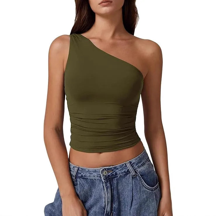 Summer  Women's   New Sleeveless One-Shoulder Solid Color Slim-Fit Sexy Navel Vest T-shirt