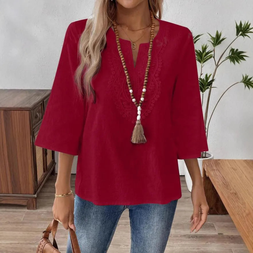Loose Pure Color V-neck Lace Trim Shirt Women's Casual Style Seven-quarter Sleeve Polyester Fabric  Fashion